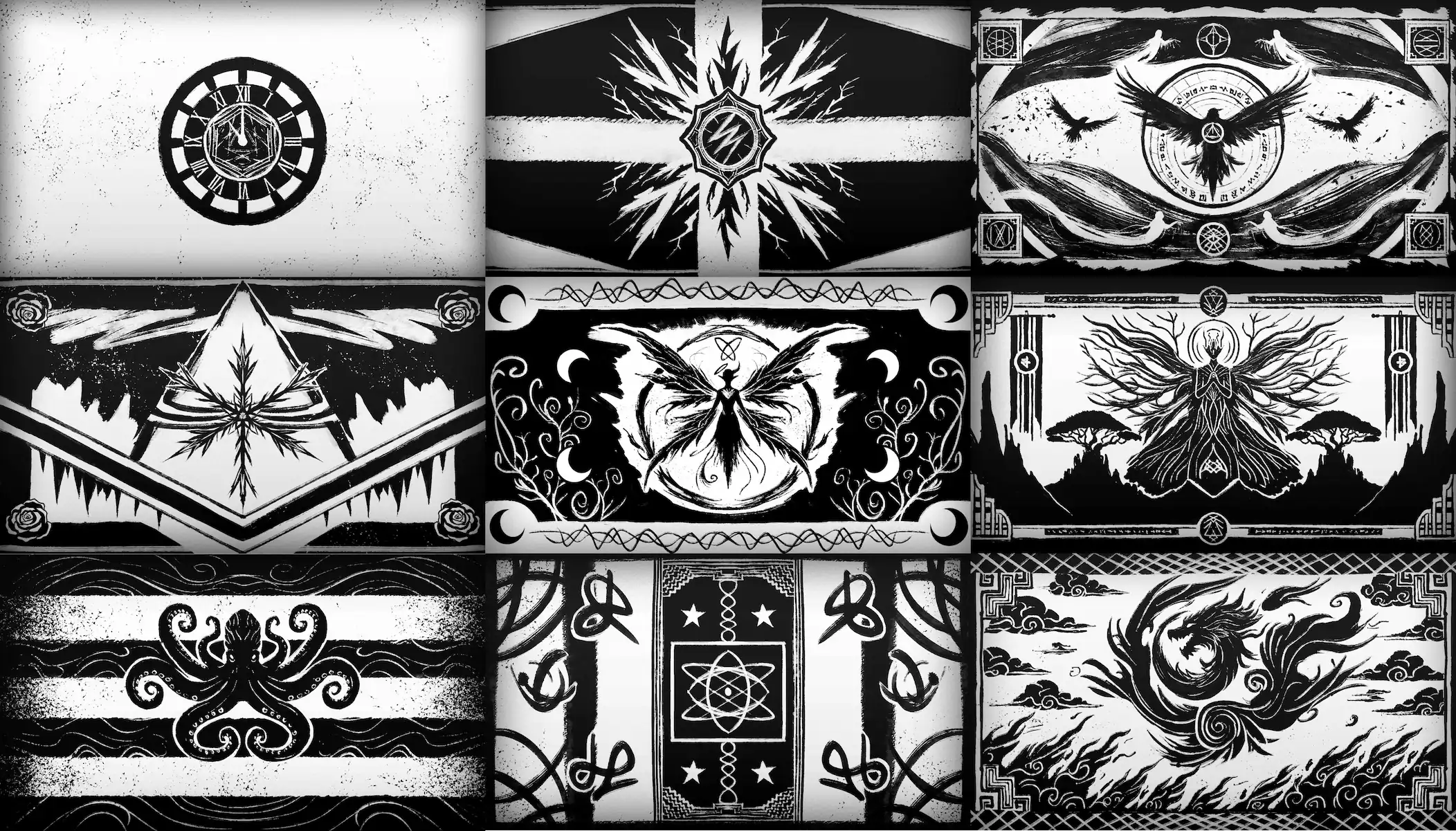 The nine supernation flags of Terrarium, in black and white
